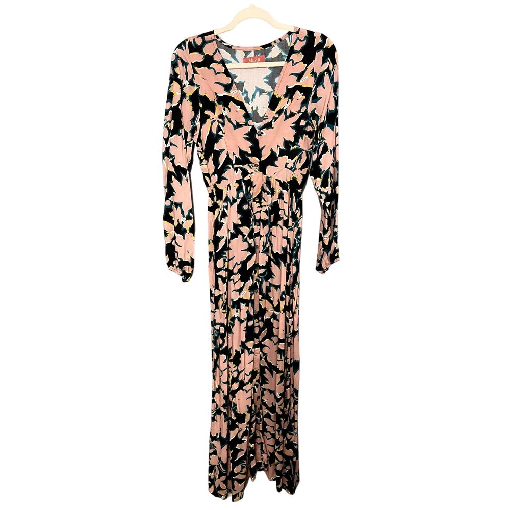 Maaji Navy Floral Button Front Long Sleeve V-neck Beach Cover Up Maxi Dress M